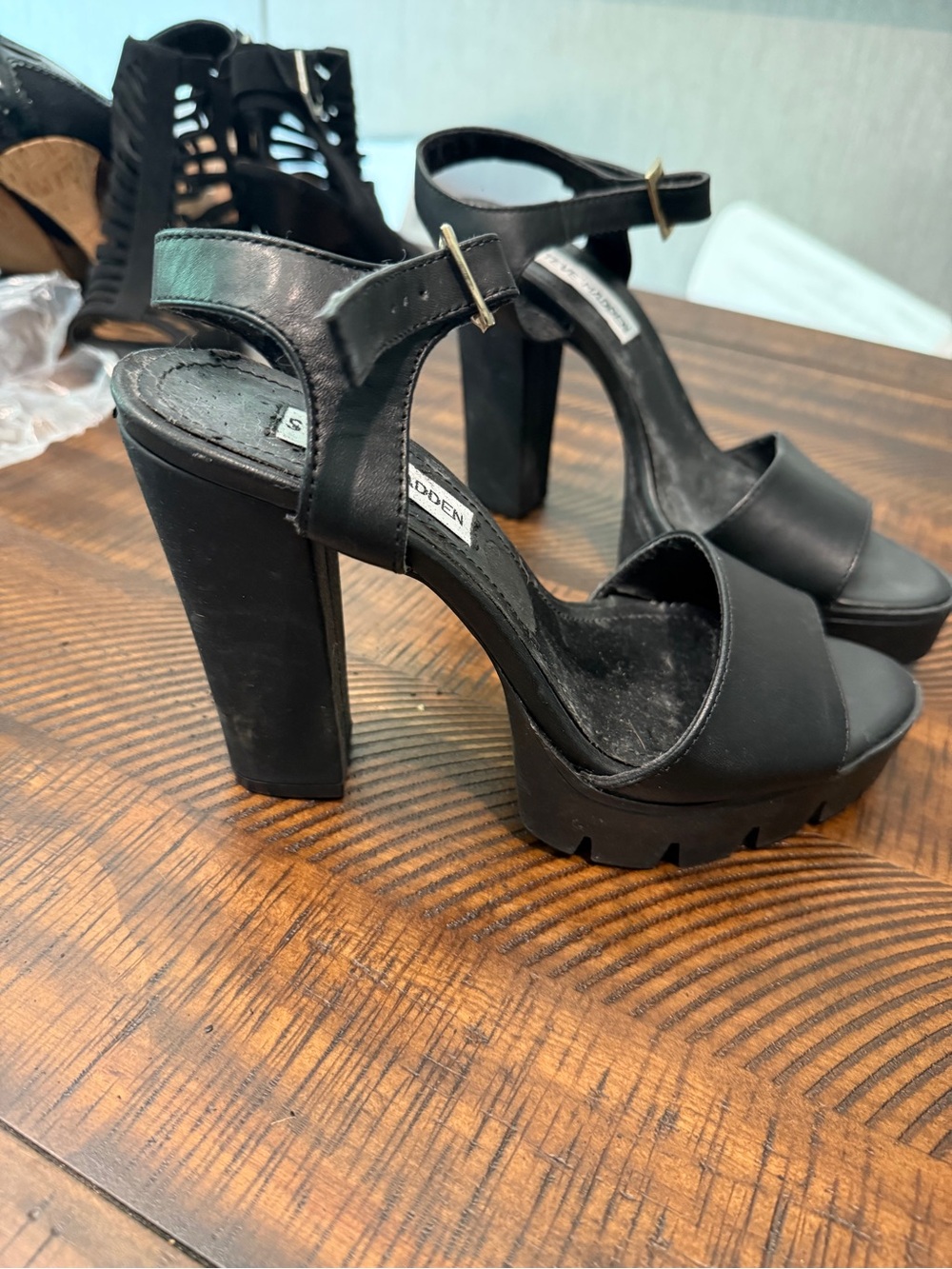 Steve Madden Black Leather Platform Ankle-Strap Heels - Picture 2 of 4